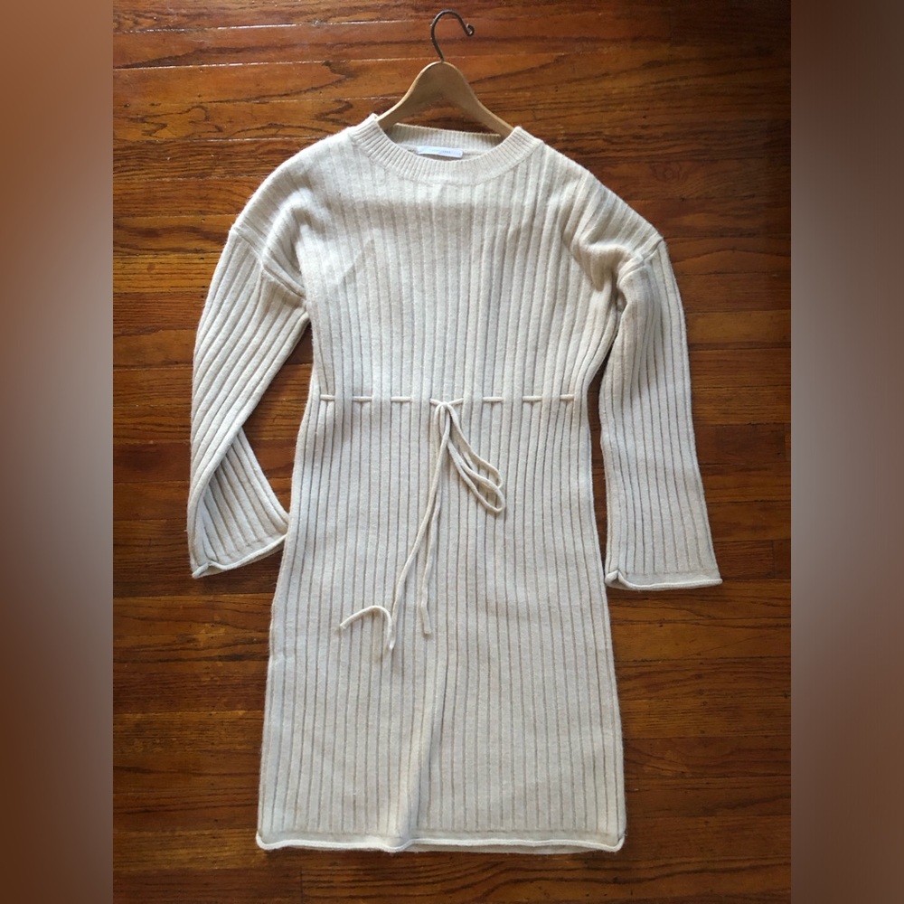 Cream Ribbed Knit Sweater Dress